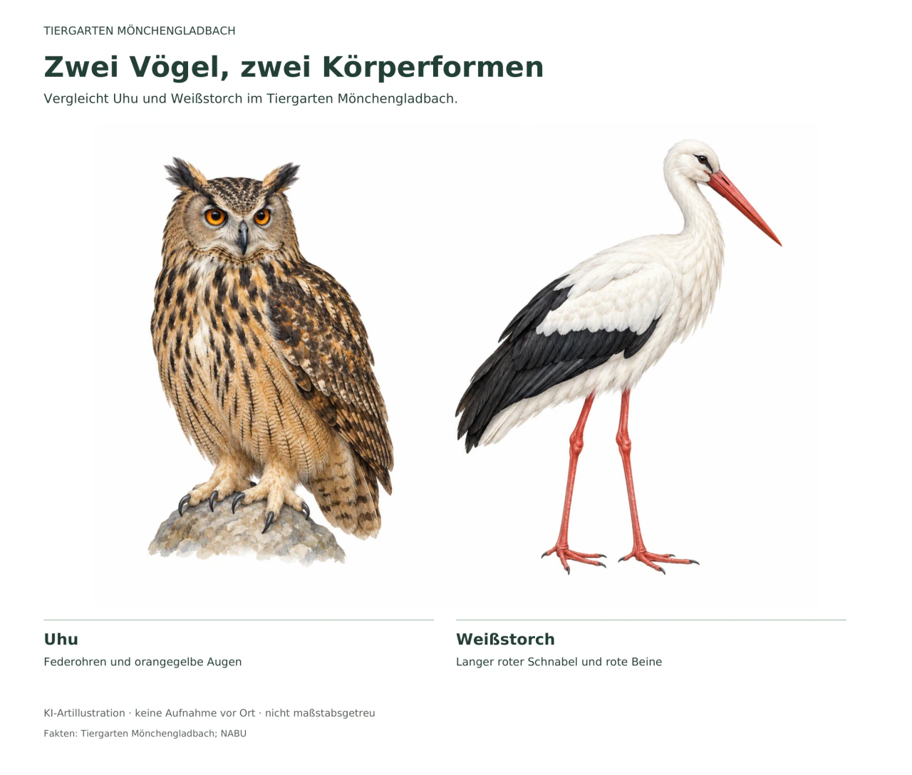 KI-Vergleichsillustration: links ein Uhu mit Federohren und orangefarbenen Augen, rechts ein Weißstorch mit langem rotem Schnabel und roten Beinen.