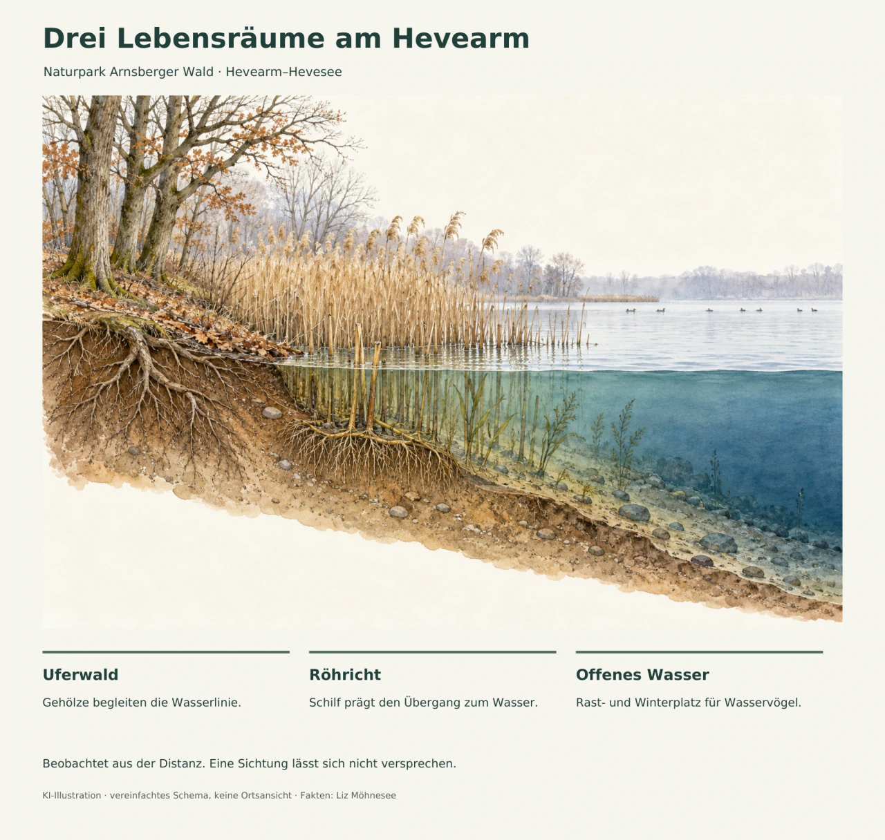 Gezeichneter Uferquerschnitt mit Laubbäumen links, Röhricht in der flachen Mitte und offener Wasserfläche rechts; winzige Vogelsilhouetten in der Ferne.