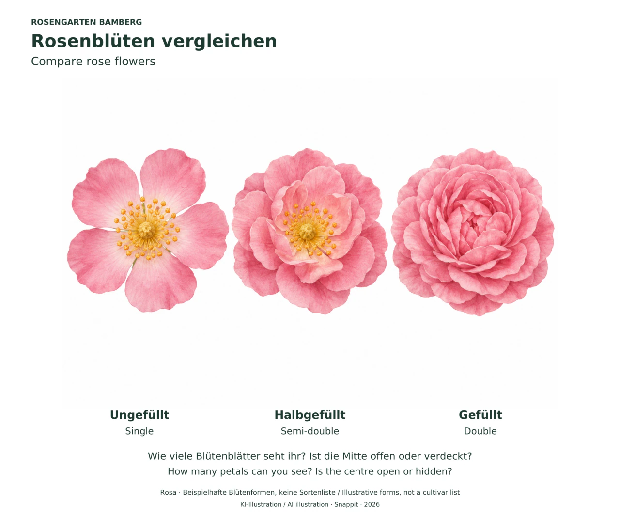Drei rosafarbene Rosenblüten von vorn: links fünf Blütenblätter um gelbe Staubblätter, mittig mehrere lockere Lagen, rechts viele dicht überlappende Blütenblätter.
