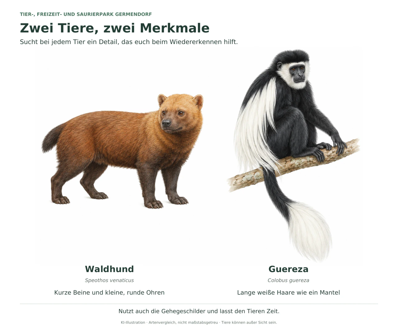 Ein kurzbeiniger brauner Waldhund mit kleinen runden Ohren und ein schwarz-weißer Guereza mit langem weißem Haarmantel sind getrennt dargestellt.