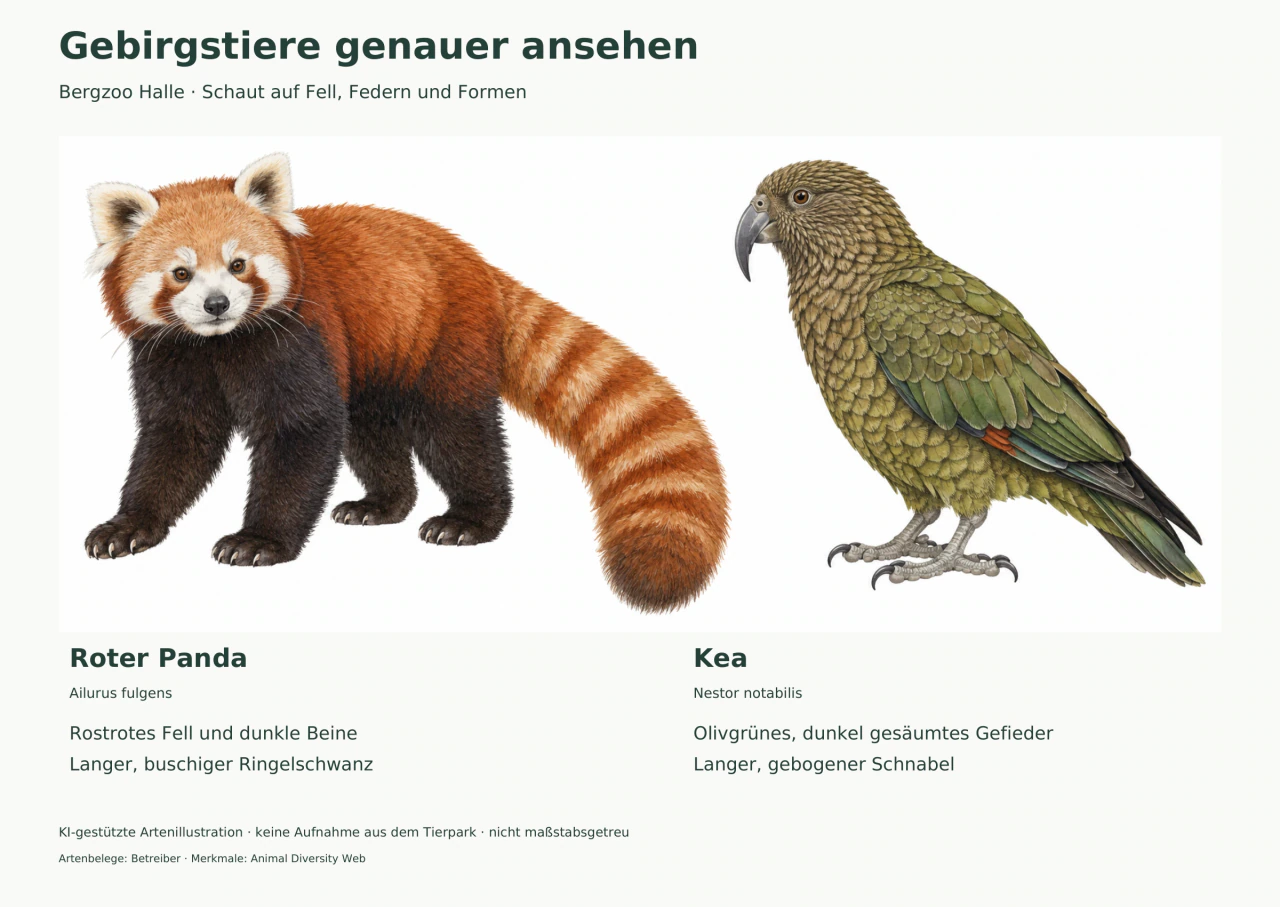 Artenillustration eines Roten Pandas mit Ringelschwanz neben einem olivgrünen Kea mit gebogenem Schnabel.