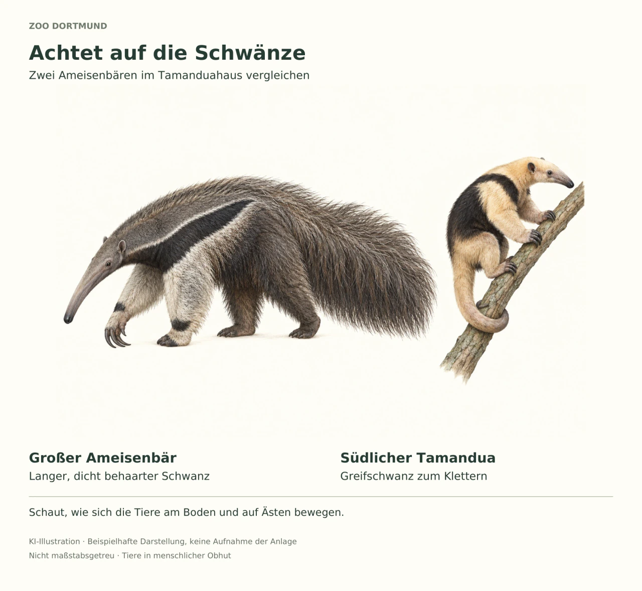 Links läuft ein Großer Ameisenbär mit langer Schnauze und dichtem, buschigem Schwanz; rechts klettert ein Südlicher Tamandua mit schwarzer Fellweste und um einen Ast gelegtem Greifschwanz. Die beschriftete KI-Illustration lädt dazu ein, die Schwänze und Bewegungen zu vergleichen.