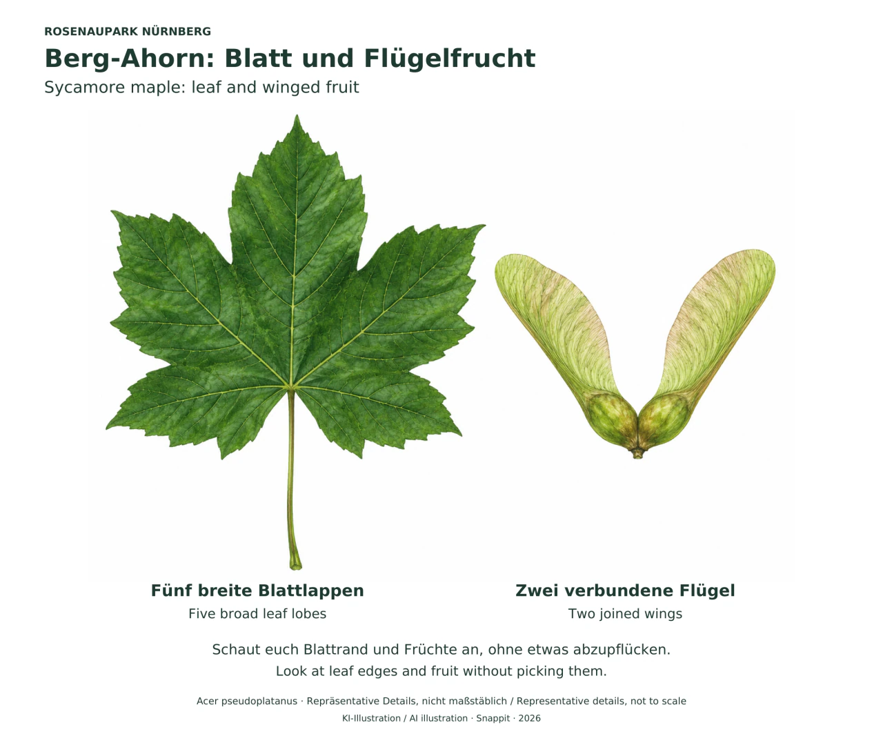 Links ein grünes, fünflappiges Ahornblatt mit gezähntem Rand und langem Stiel; rechts zwei an der Basis verbundene, V-förmig auseinanderstehende Flügelfrüchte.