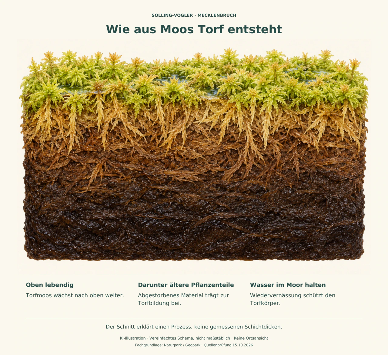 Schematischer Schnitt durch grüne Torfmoospolster, hellbraune ältere Pflanzenteile und darunter dunkleren, stärker zersetzten Torf.