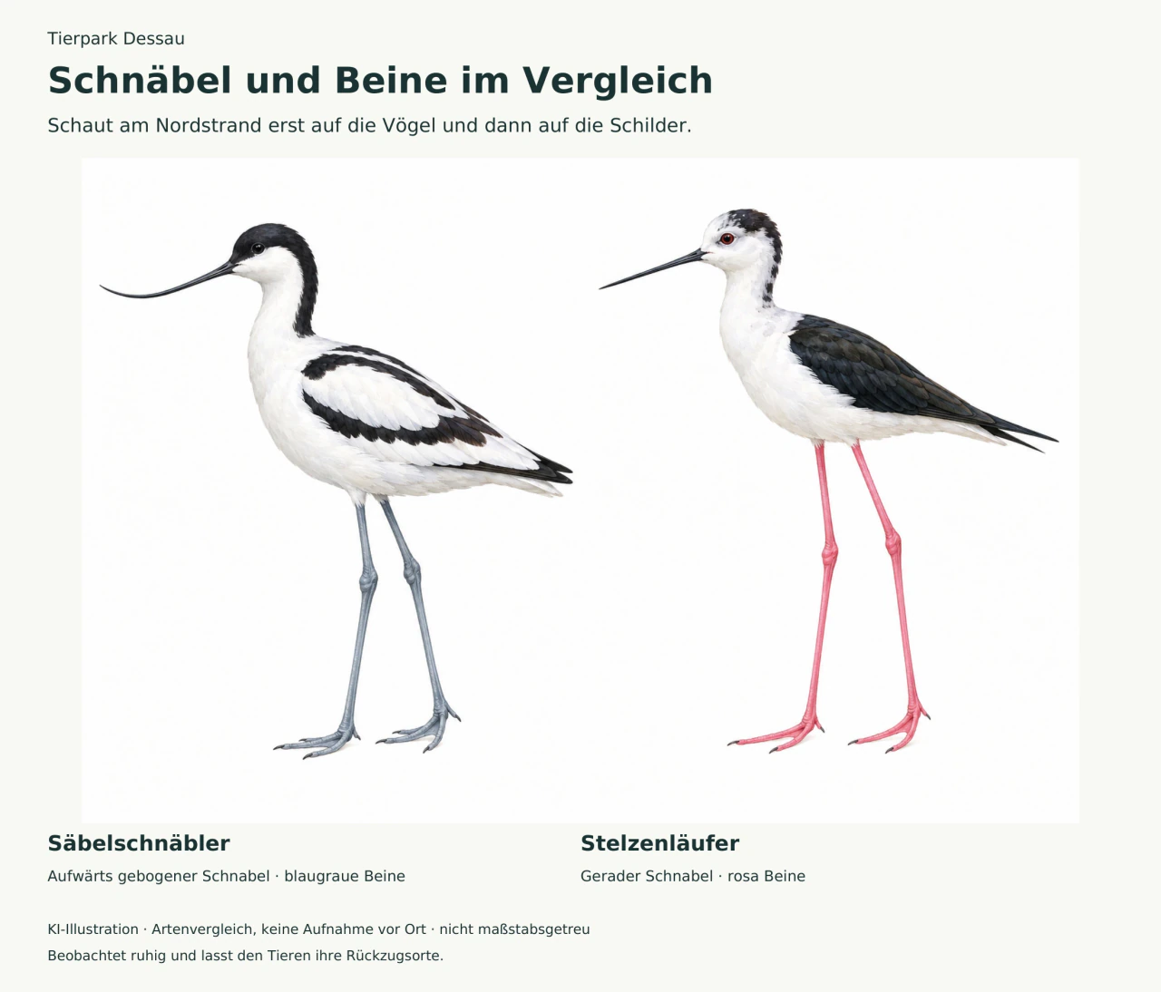 Säbelschnäbler mit aufwärts gebogenem Schnabel und blaugrauen Beinen neben einem Stelzenläufer mit geradem Schnabel und langen rosa Beinen.