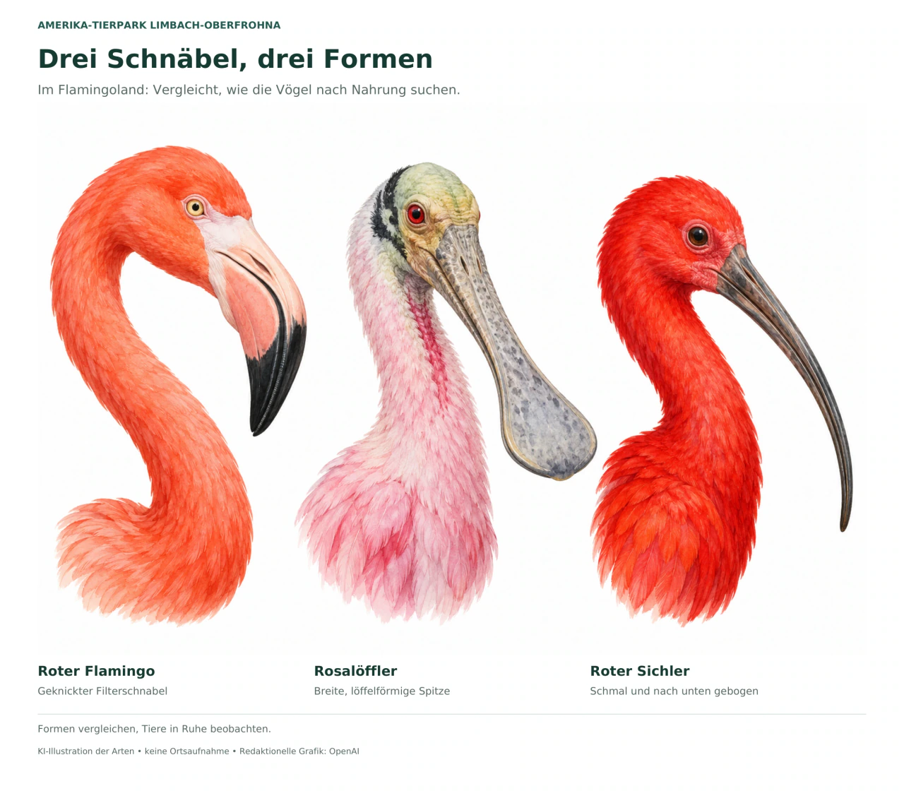 Illustrierte Kopfstudien von Rotem Flamingo, Rosalöffler und Rotem Sichler mit geknicktem, löffelförmigem beziehungsweise gebogenem Schnabel.