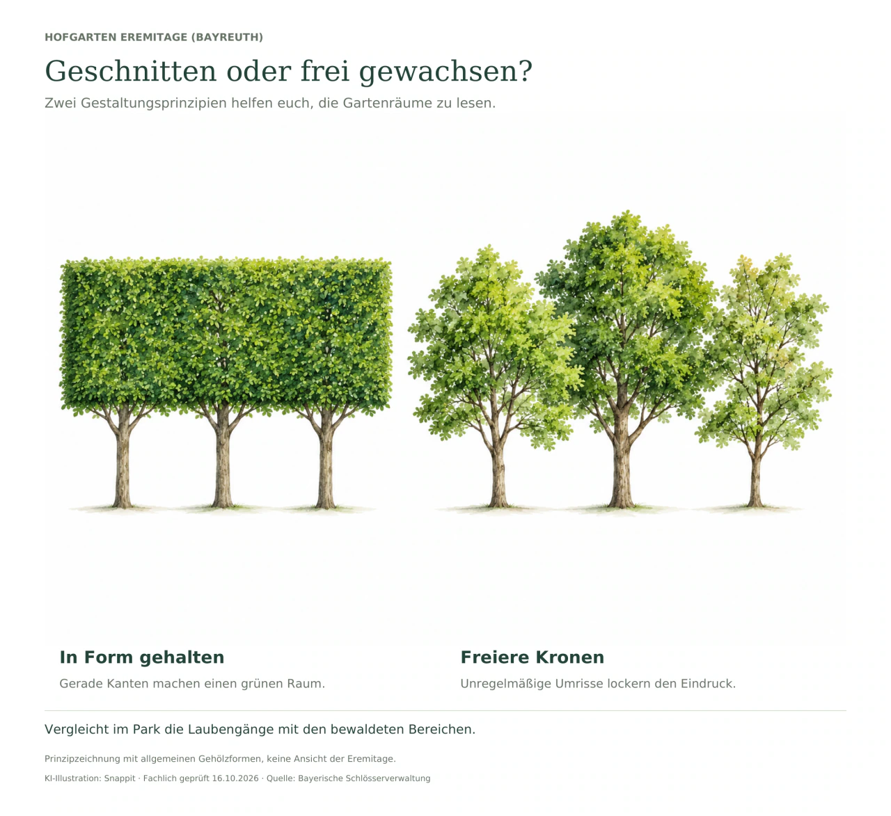 Links bilden drei schematische Gehölze eine gerade geschnittene, rechteckige Laubwand. Rechts haben drei Gehölze unterschiedlich hohe und unregelmäßig gerundete Kronen.