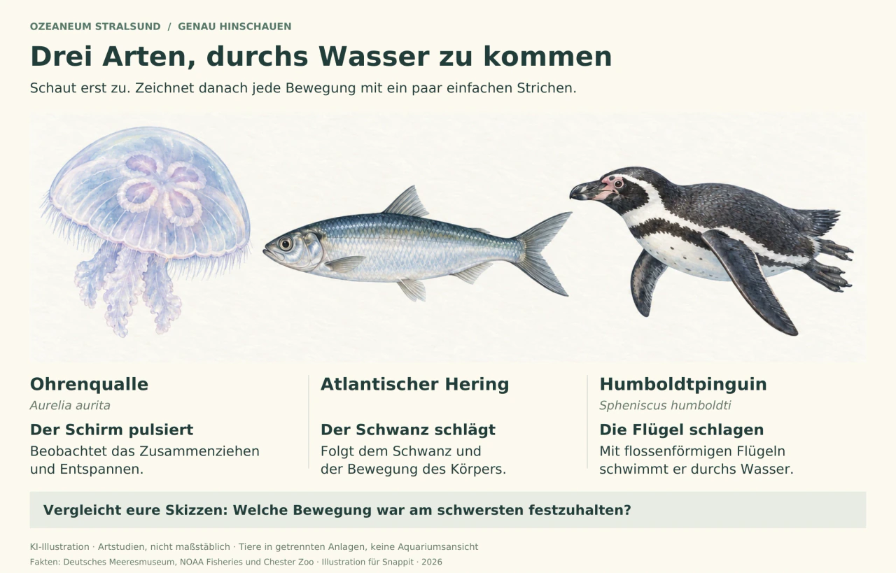 Nebeneinander stehen illustrierte Artstudien einer Ohrenqualle mit vier durchscheinenden Geschlechtsorganen, eines silbernen Herings mit gegabelter Schwanzflosse und eines schwimmenden Humboldtpinguins. Deutsche Beschriftungen lenken den Blick auf Schirm, Schwanz und Flügel.