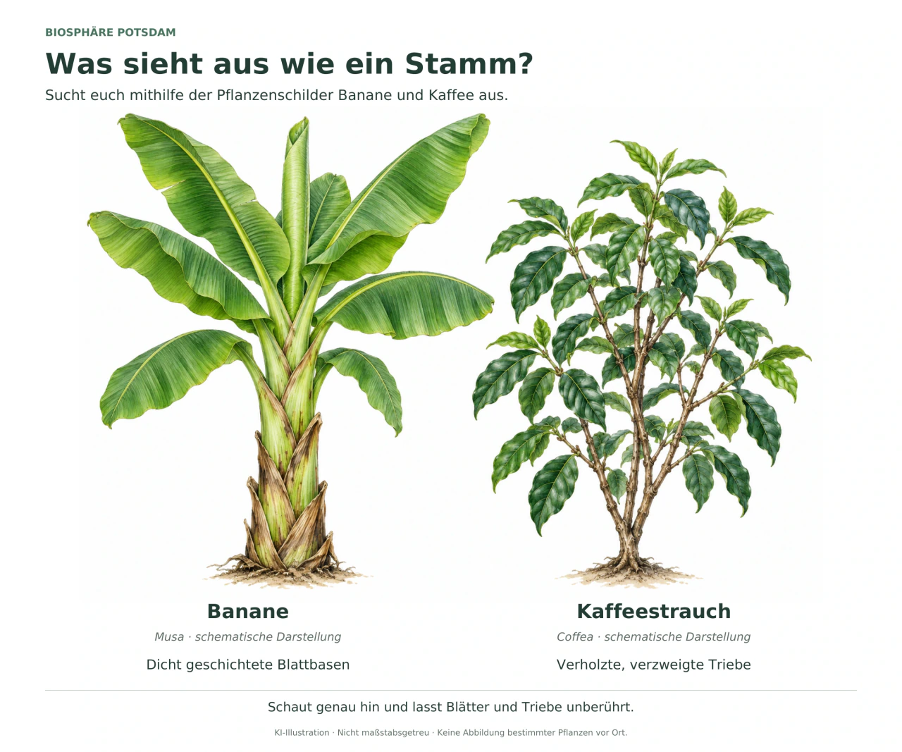 Eine Bananenpflanze mit großen länglichen Blättern und geschichteten Blattbasen steht einem verzweigten Kaffeestrauch mit kleineren glänzenden Blättern gegenüber.