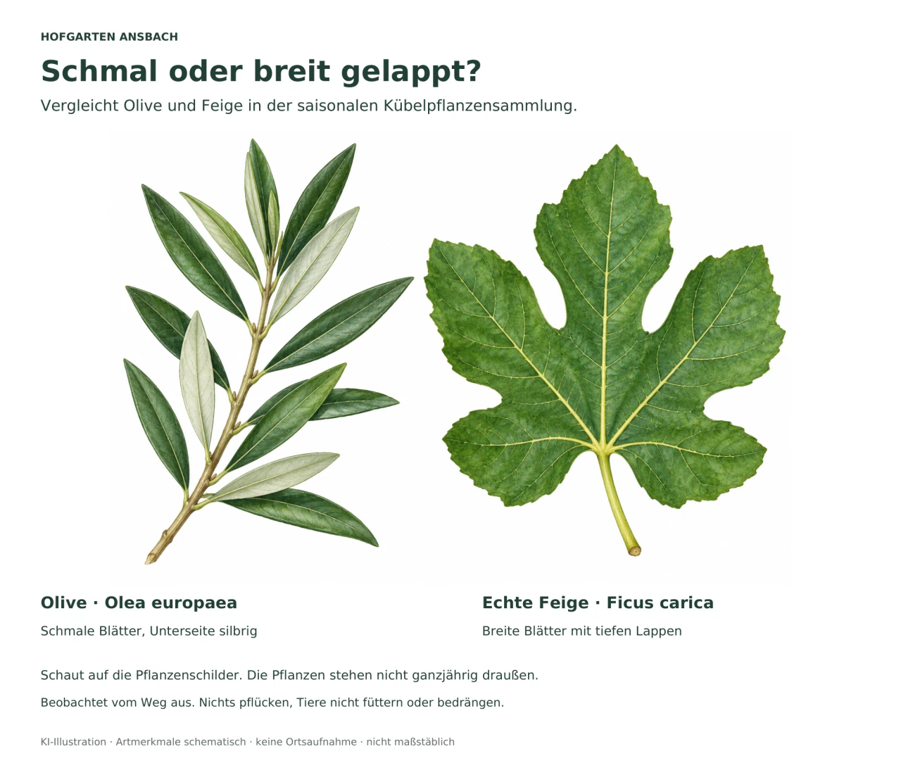 Links ein Olivenzweig mit schmalen grünen Blättern und silbrigen Unterseiten, rechts ein großes, tief gelapptes Feigenblatt.