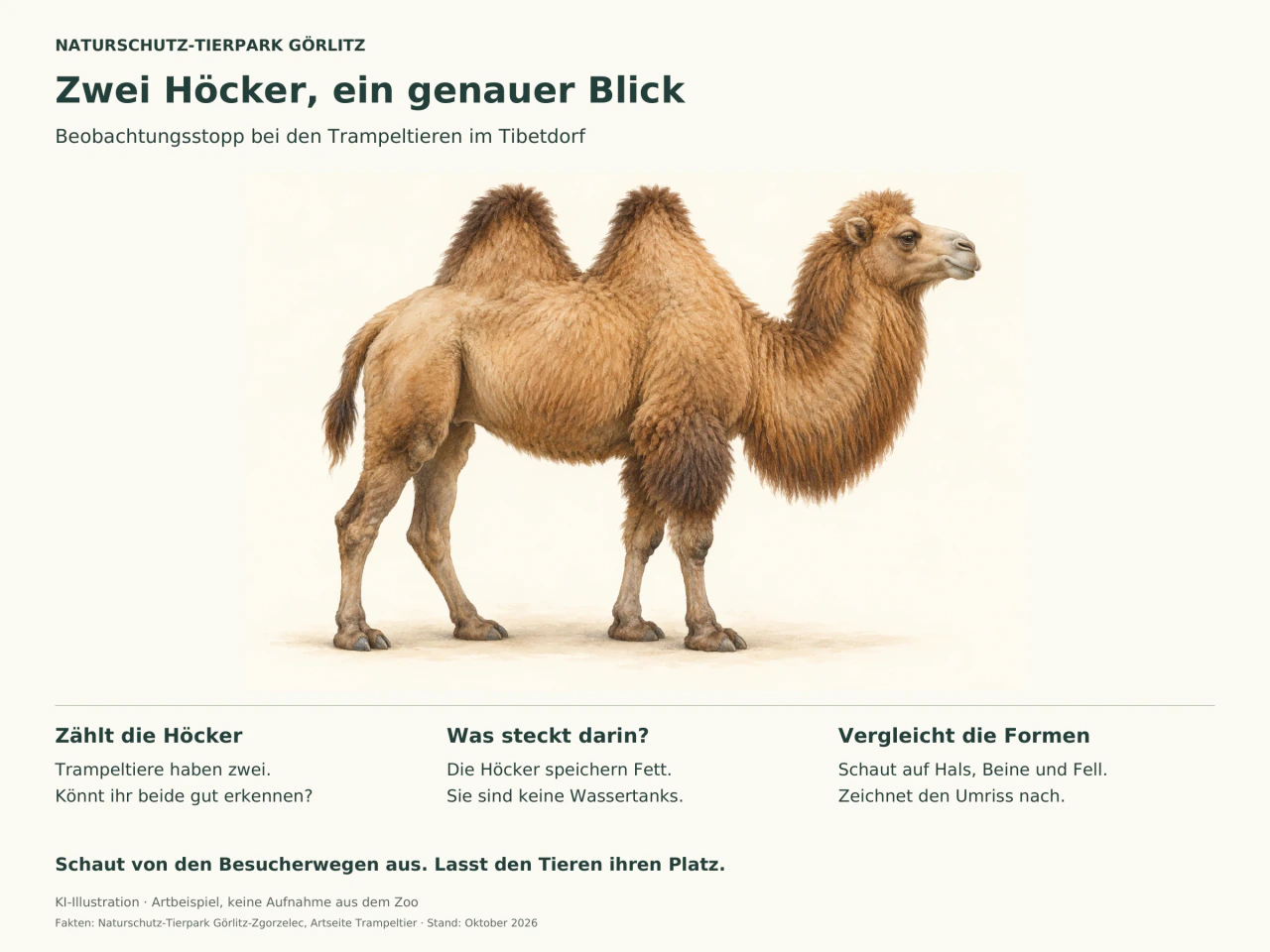 Illustration eines braunen Trampeltiers mit zwei Höckern. Drei Textfelder erklären die Höcker und regen dazu an, Körperform und Fell zu beobachten.