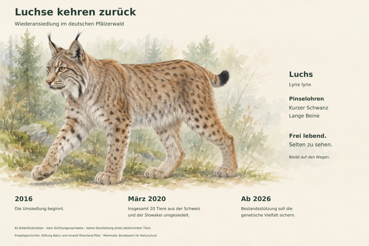 Illustration eines Luchses mit Pinselohren, kurzem Schwanz und langen Beinen, ergänzt um die drei Projektphasen 2016, März 2020 und ab 2026.