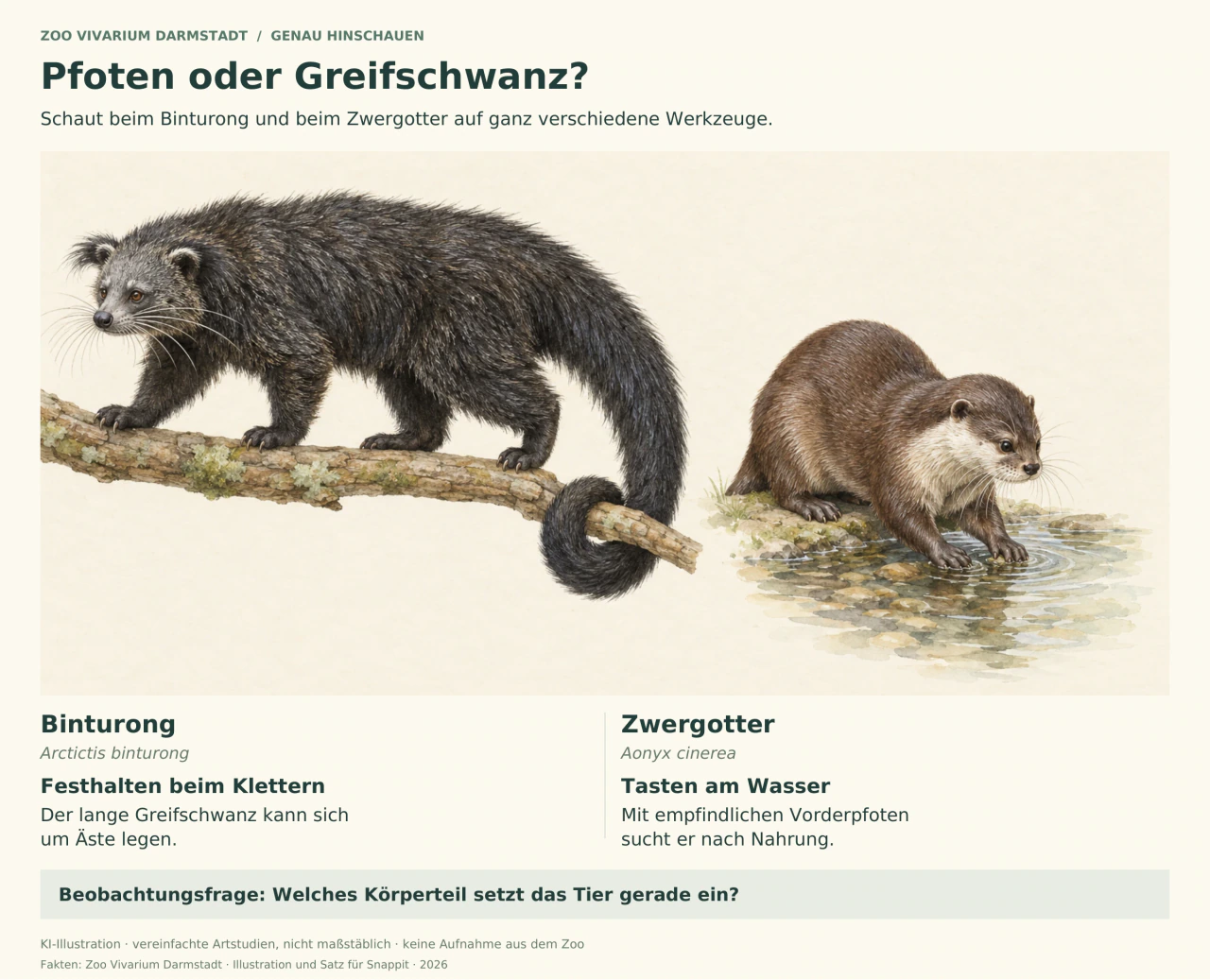 Illustrierter Binturong auf einem Ast, den sein langer Schwanz umgreift, neben einem Zwergotter mit Vorderpfoten im flachen Wasser. Deutsche Beschriftungen erklären Festhalten und Tasten.