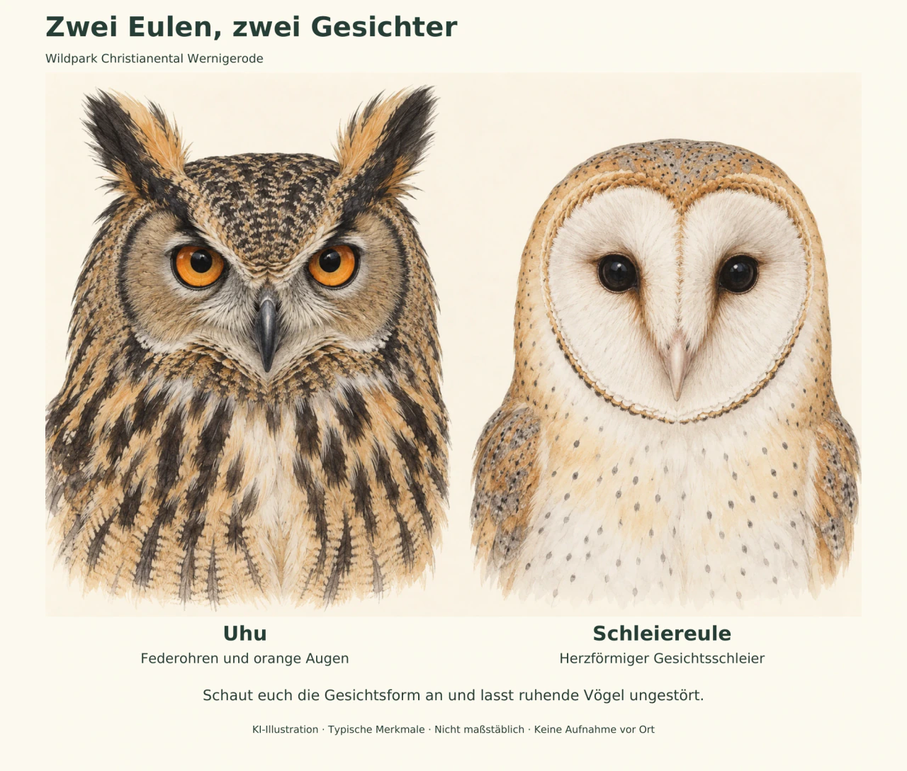 Gezeichnete Gesichter von Uhu und Schleiereule: links Federohren und orange Augen, rechts ein heller herzförmiger Gesichtsschleier mit dunklen Augen.