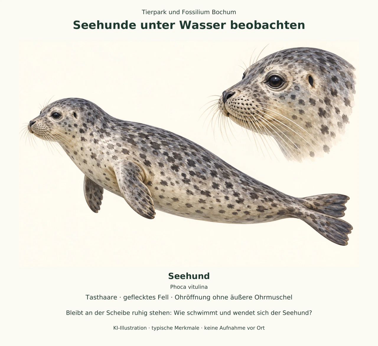 Ein schwimmender, grau gefleckter Seehund mit kurzen Vorderflossen; das Kopfdetail zeigt Tasthaare und eine Ohröffnung ohne Ohrmuschel.