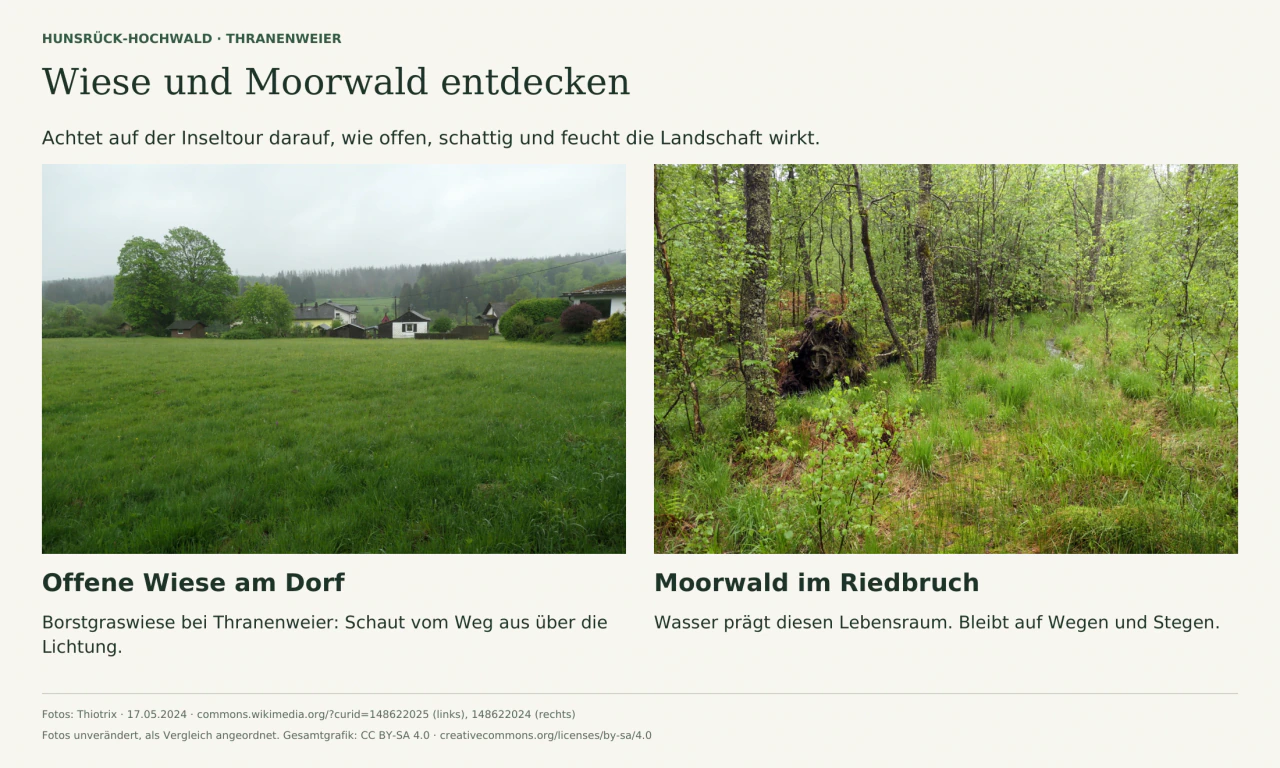 Zwei echte Fotos: links eine offene grüne Wiese vor Thranenweier, rechts dichter Moorwald mit nassem, grasreichem Boden. Kurze Hinweise laden zum Vergleich vom Weg aus ein.