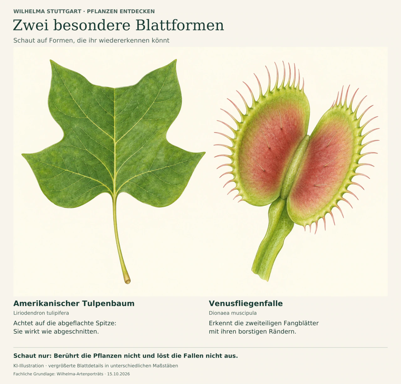 Botanische KI-Illustration mit deutschen Hinweisen: links ein grünes Tulpenbaumblatt mit vier Lappen und abgeflachter, leicht eingebuchteter Spitze; rechts ein geöffnetes Fangblatt einer Venusfliegenfalle mit zwei rötlichen Hälften und borstigen Rändern. Unterschiedliche Maßstäbe.