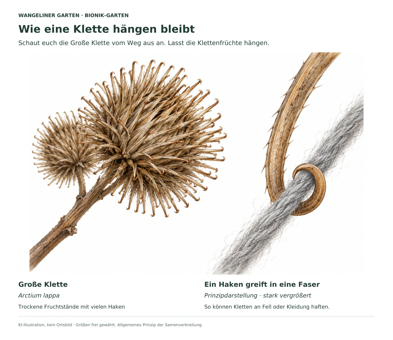 KI-Illustration zweier brauner Klettenfruchtstände mit gekrümmten Haken; daneben zeigt ein stark vergrößerter einzelner Haken, wie er eine graue Faser umfasst.