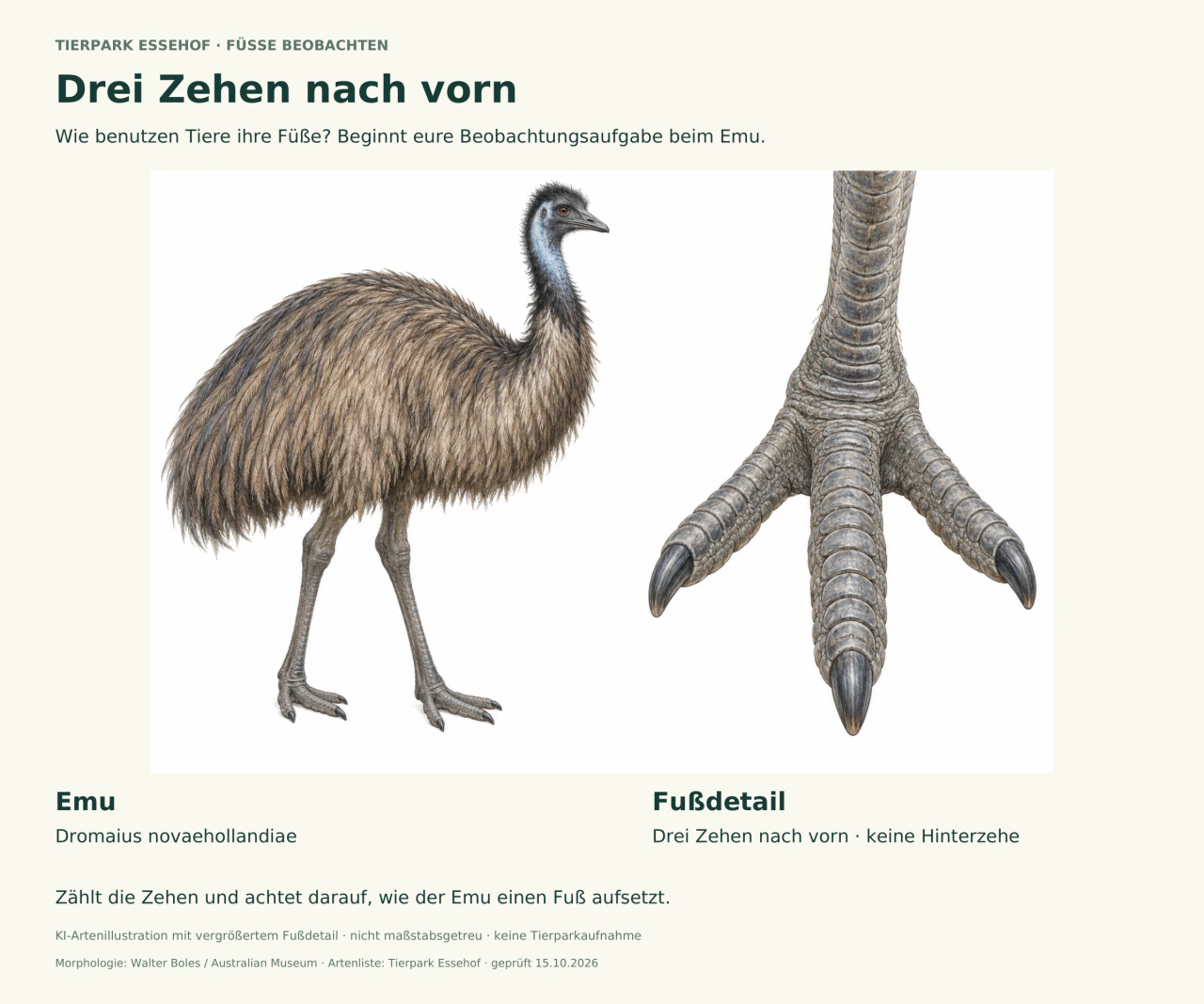 Illustration eines Emus und eines vergrößerten Fußes mit drei nach vorn gerichteten Zehen und ohne Hinterzehe. Deutsche Beschriftung lädt zum Zählen und Beobachten ein.