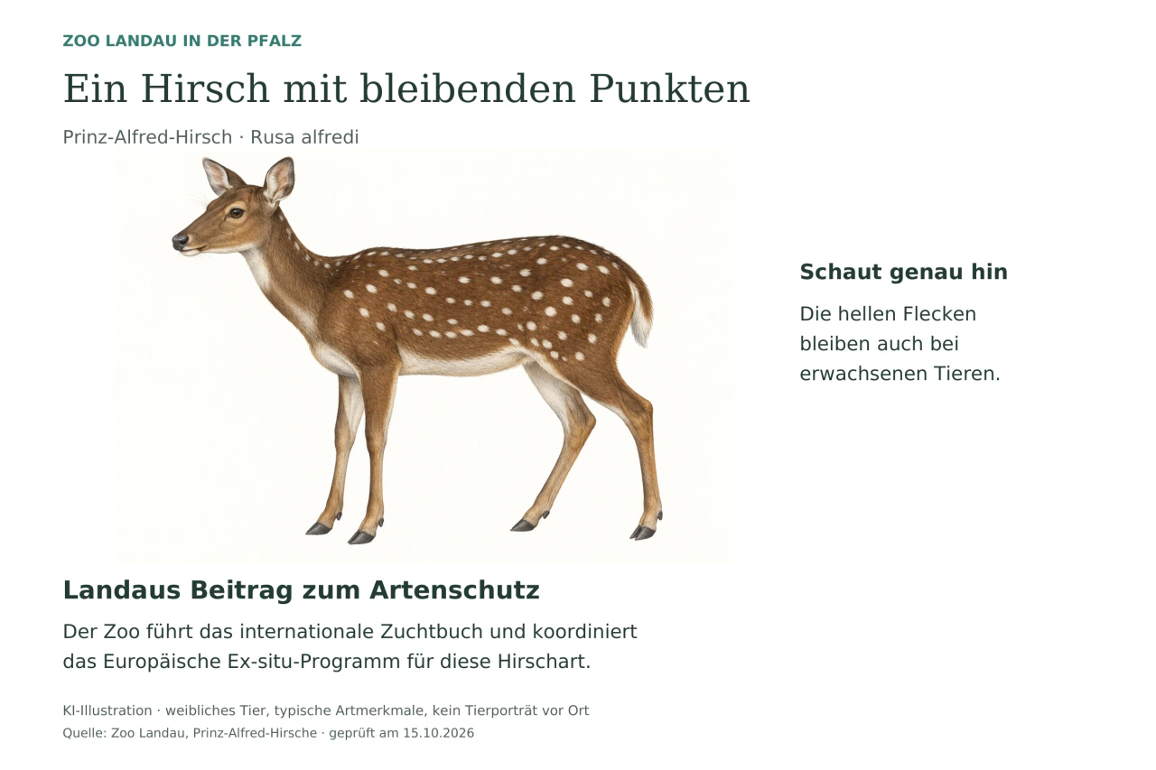 Illustration eines erwachsenen weiblichen Prinz-Alfred-Hirschs mit hellen Flecken im braunen Fell. Text erklärt das bleibende Fleckenkleid und Landaus Rolle bei Zuchtbuch und Erhaltungszucht.