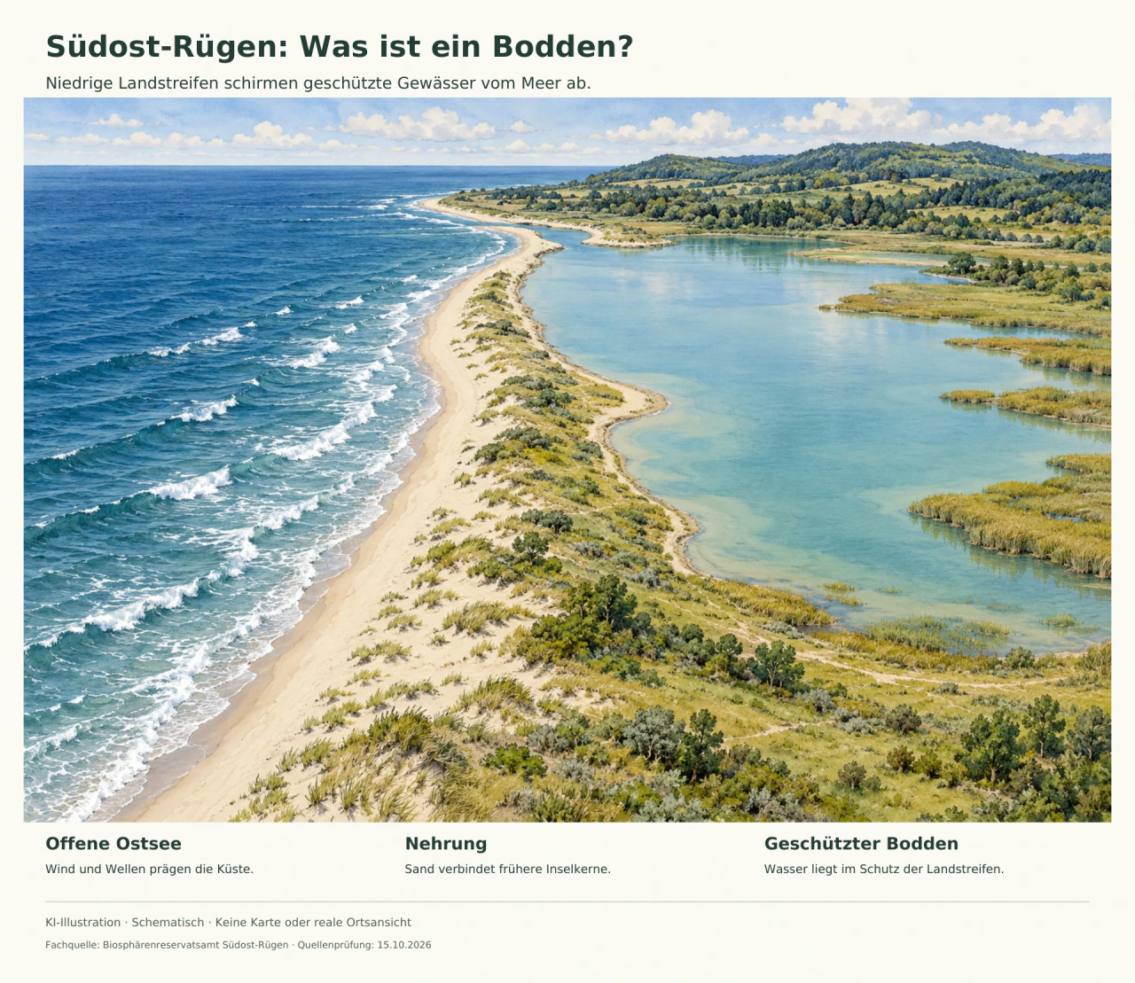 Schrägansicht eines schematischen Küstenabschnitts: links offene See, in der Mitte ein niedriger sandiger Landstreifen und rechts geschütztes Wasser mit einer schmalen Verbindung zum Meer.