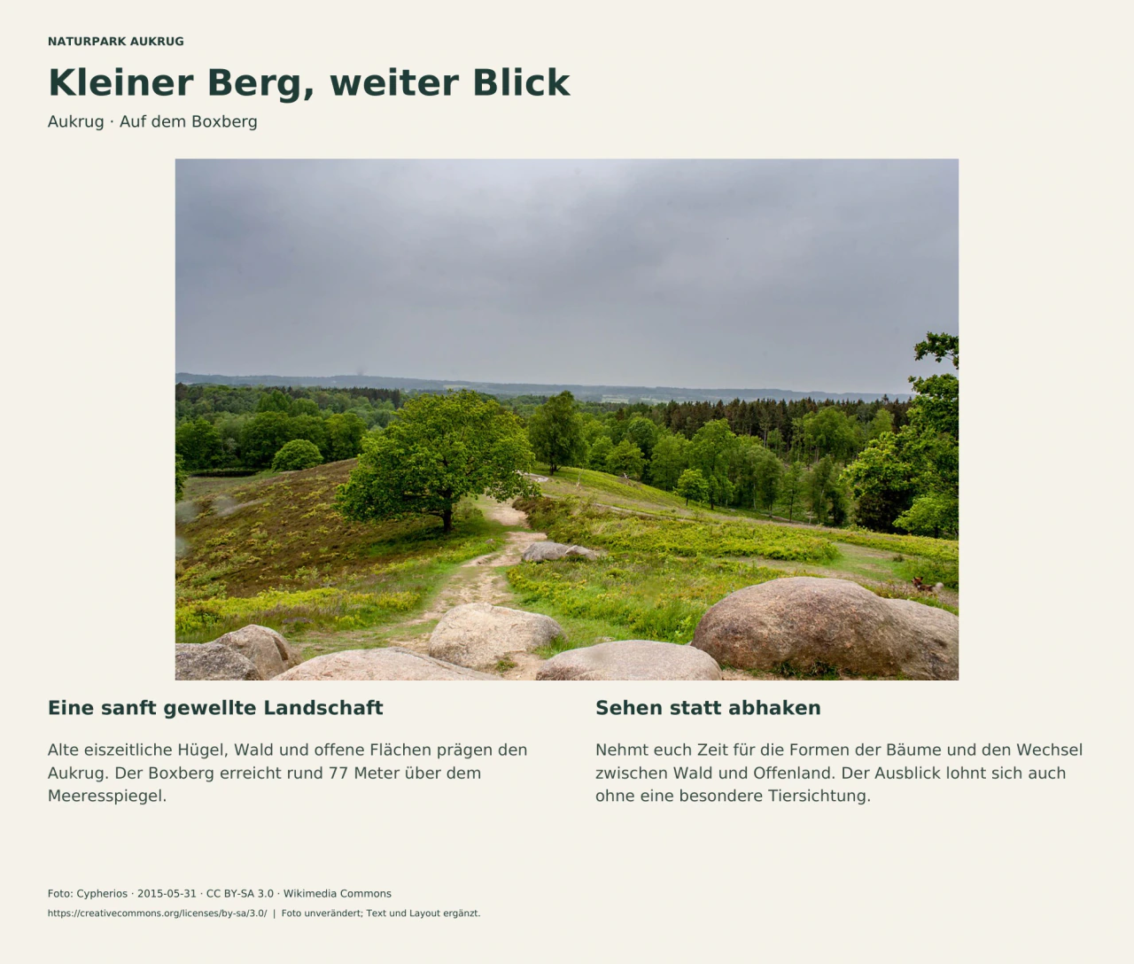 Blick vom Boxberg mit Bäumen und offener Landschaft; zwei Textfelder erklären das Relief und laden zum genauen Hinsehen ein.