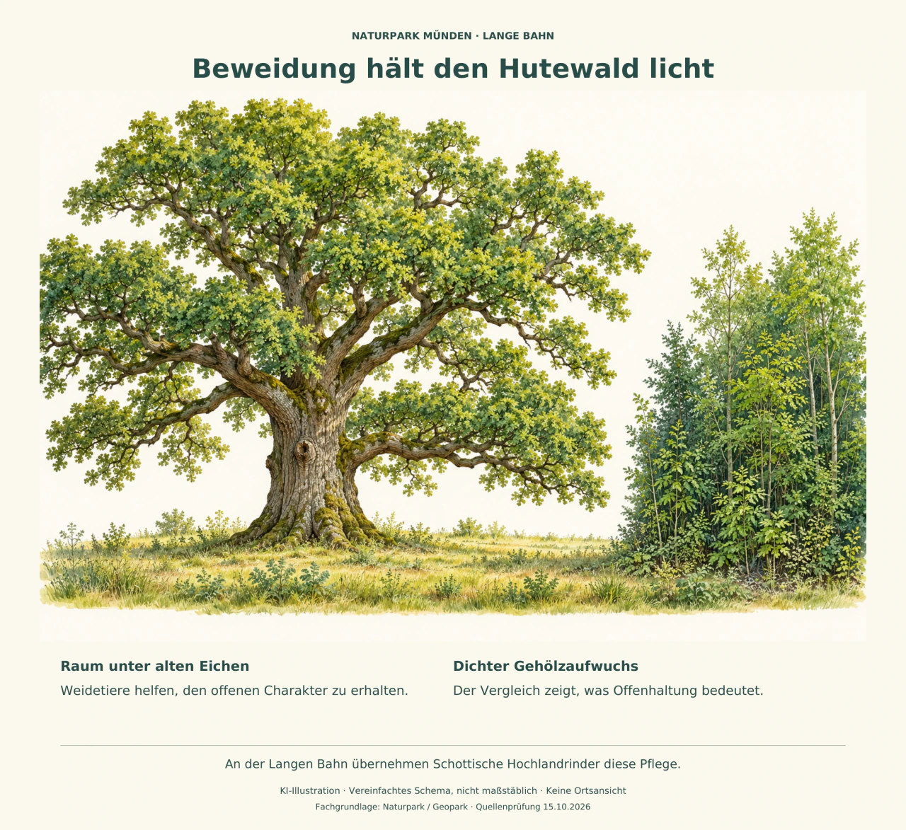 Eine alte Eiche mit breiter Krone über offenem Grasboden; daneben dichter junger Gehölzaufwuchs als Vergleich.