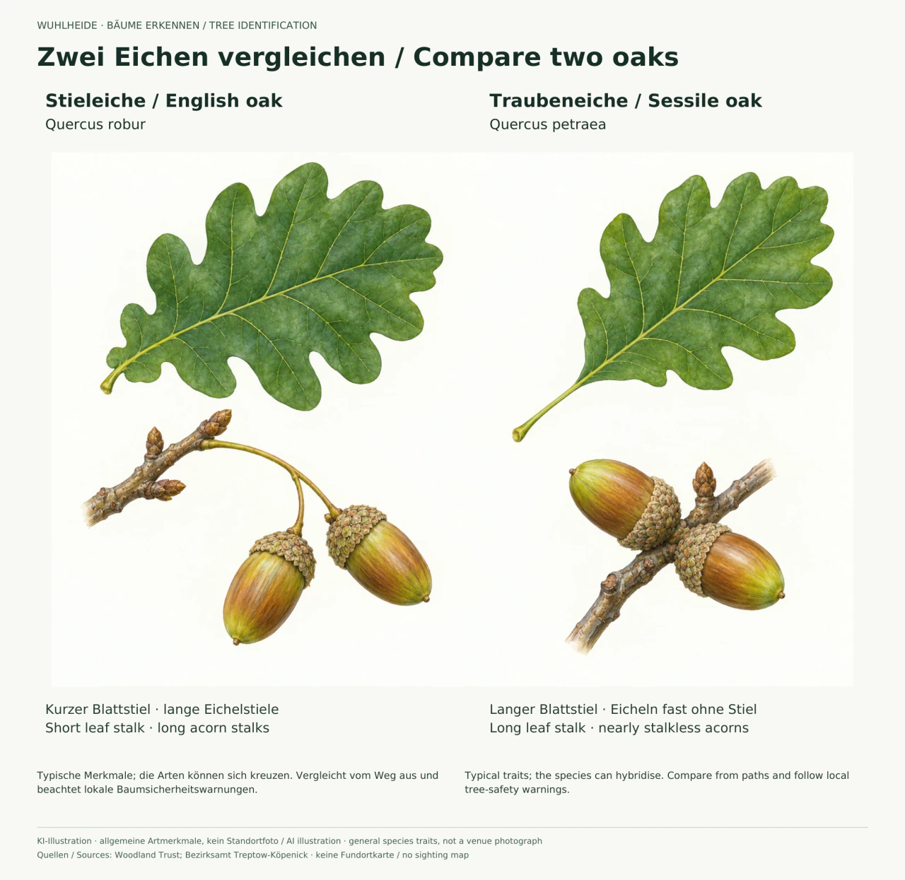 Botanische KI-Illustration: links Stieleiche mit kurzem Blattstiel und zwei Eicheln an einem langen Fruchtstiel; rechts Traubeneiche mit längerem Blattstiel und nahezu ungestielten Eicheln am Zweig. Beide Blätter haben abgerundete Lappen.