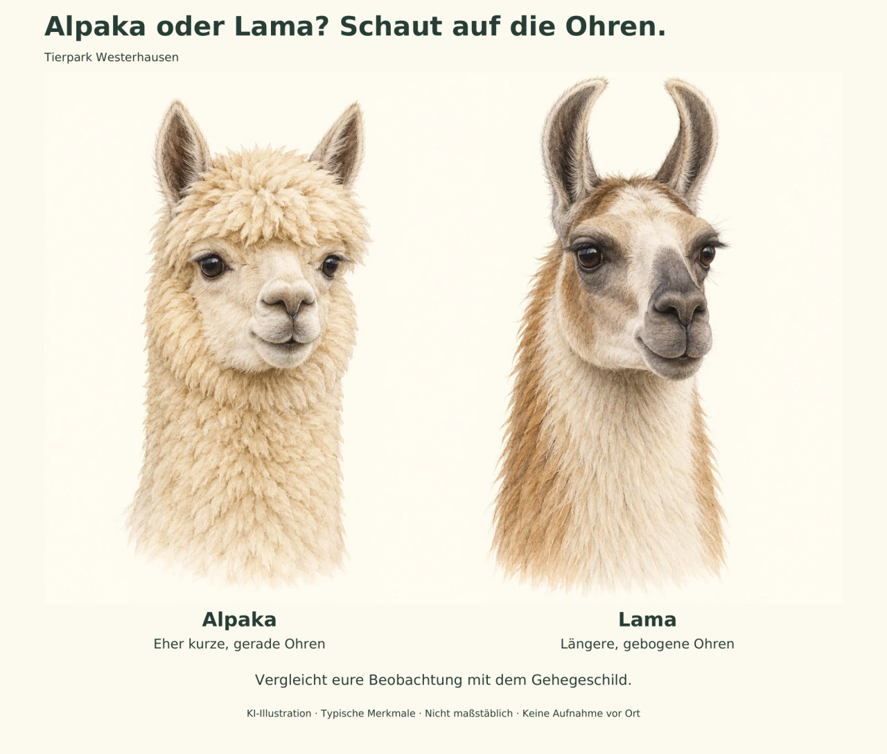 Gezeichnete Kopfporträts eines Alpakas mit kurzen geraden Ohren und eines Lamas mit längeren gebogenen Ohren.