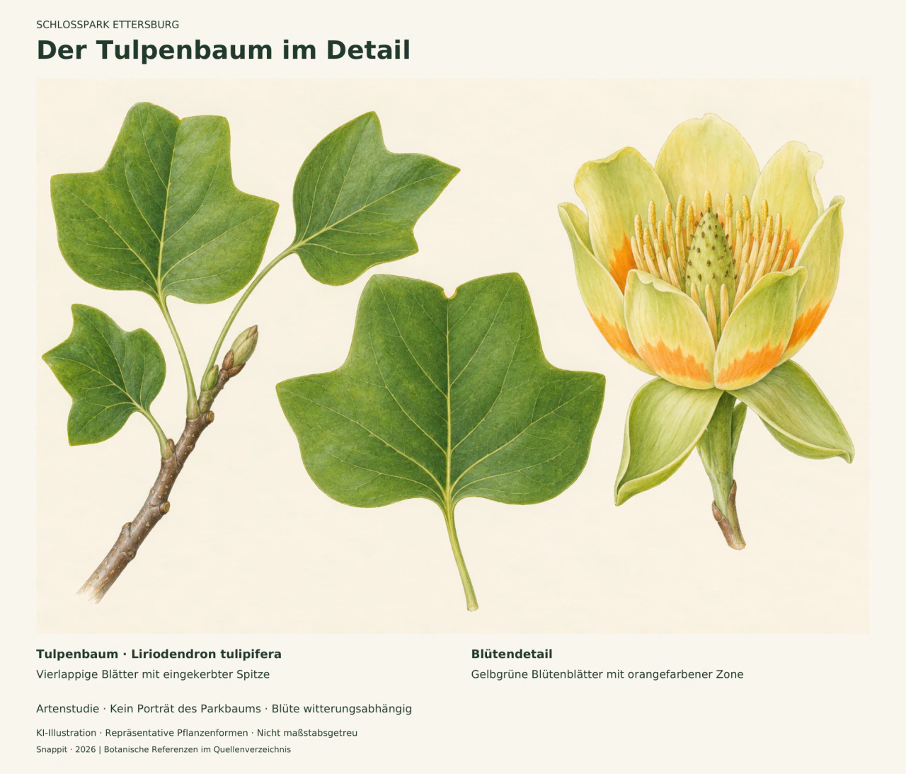 Botanische KI-Illustration eines Tulpenbaumzweigs, eines großen vierlappigen Blattes mit flach eingekerbter Spitze und einer vergrößerten gelbgrünen Blüte mit orangefarbener Zone.