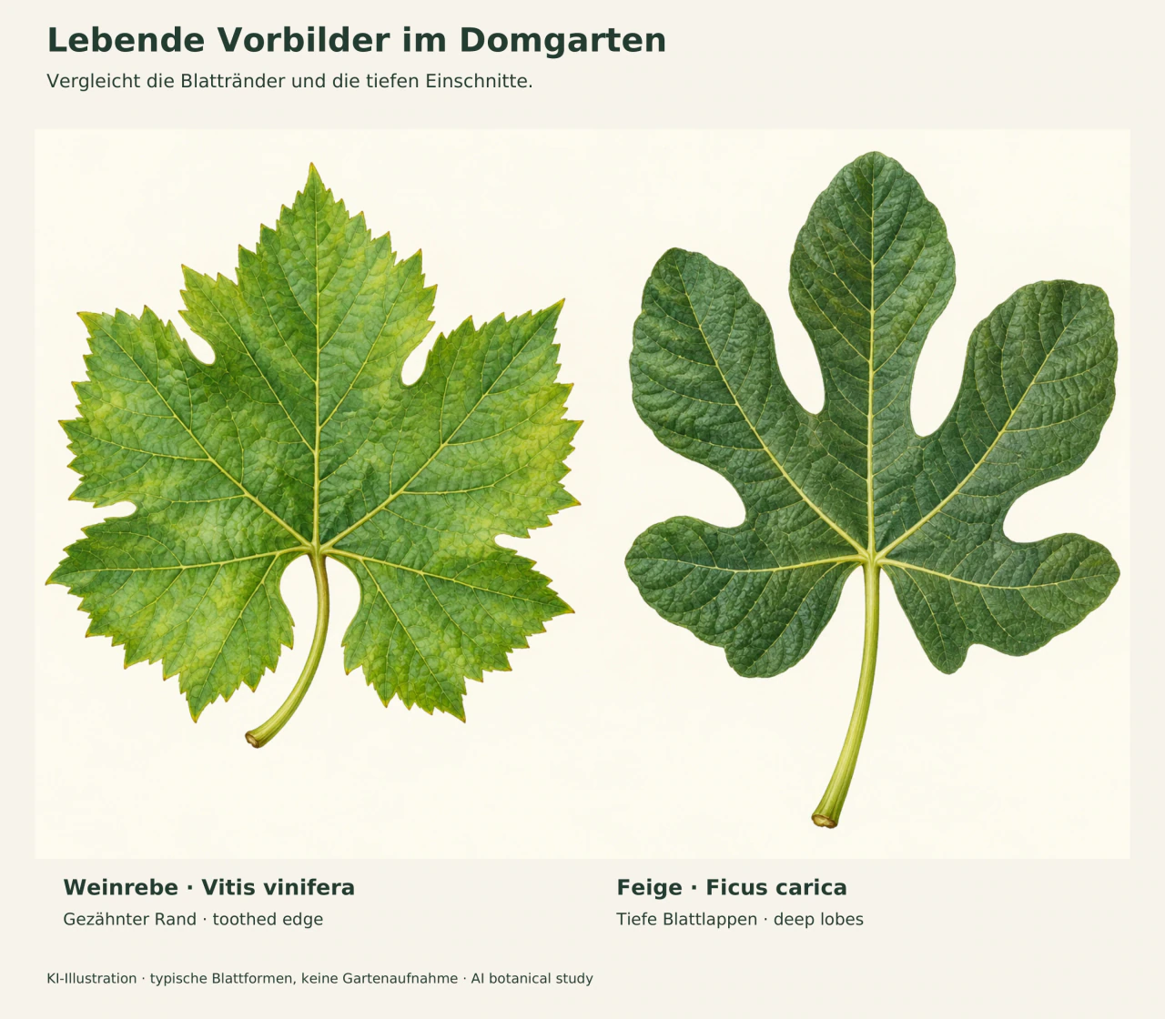 Botanische Illustration: links ein fünflappiges Weinblatt mit gezähntem Rand, rechts ein Feigenblatt mit tief eingeschnittenen, breiten Lappen.