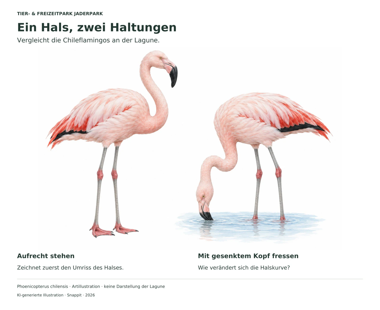 Zwei illustrierte Chileflamingos, links aufrecht und rechts mit gesenktem Kopf am Wasser; graue Beine mit rosa Gelenken und schwarz endende Schnäbel.