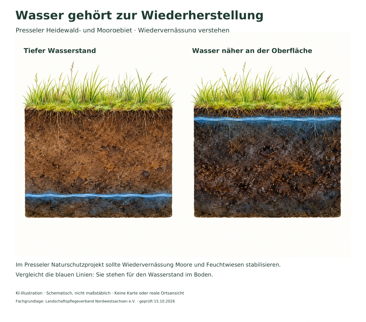 Zwei gleich hohe Bodenblöcke mit Gras zeigen eine tiefe und eine oberflächennahe blaue Wasserstandslinie.