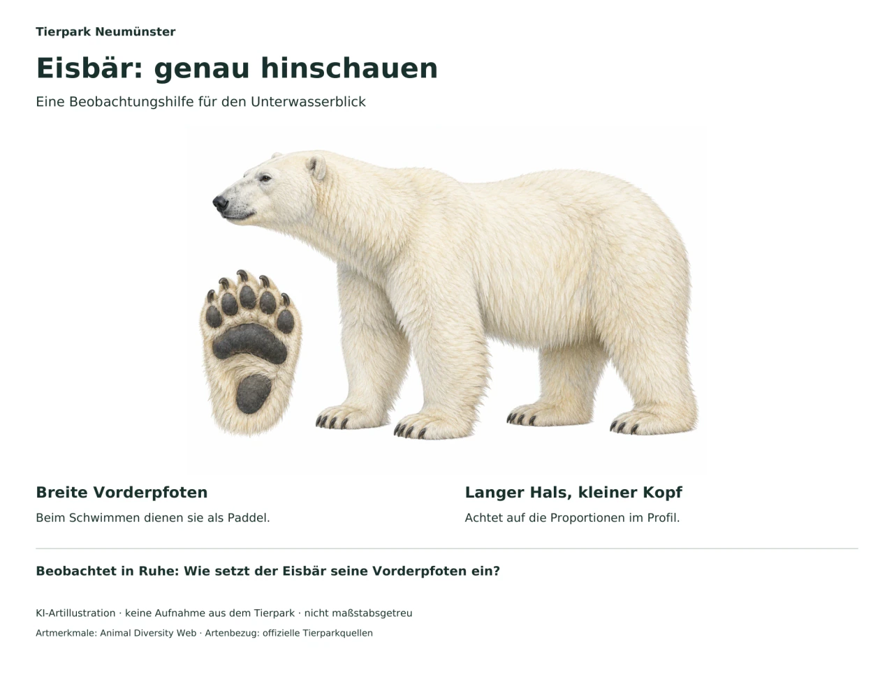 Gezeichneter Eisbär im Profil mit einer zusätzlichen Ansicht der Pfotenunterseite; Hinweise zu Vorderpfoten und Hals.