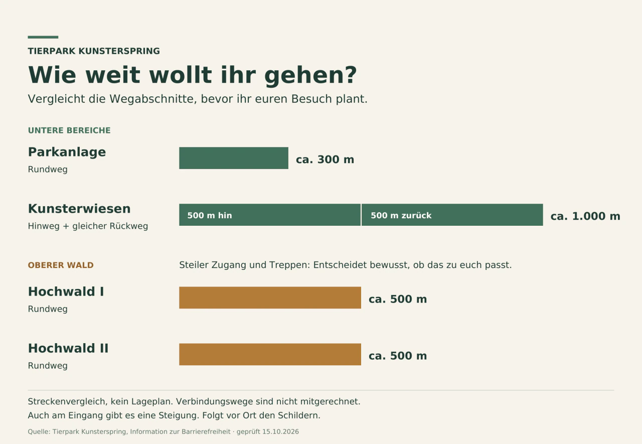 Balkendiagramm: Parkanlage 300 m als Rundweg; Kunsterwiesen 500 m hin plus 500 m auf gleichem Weg zurück; Hochwald I und II je 500 m als Rundweg. Hinweise auf steilen Waldzugang, Treppen und Steigung am Eingang. Kein Lageplan.