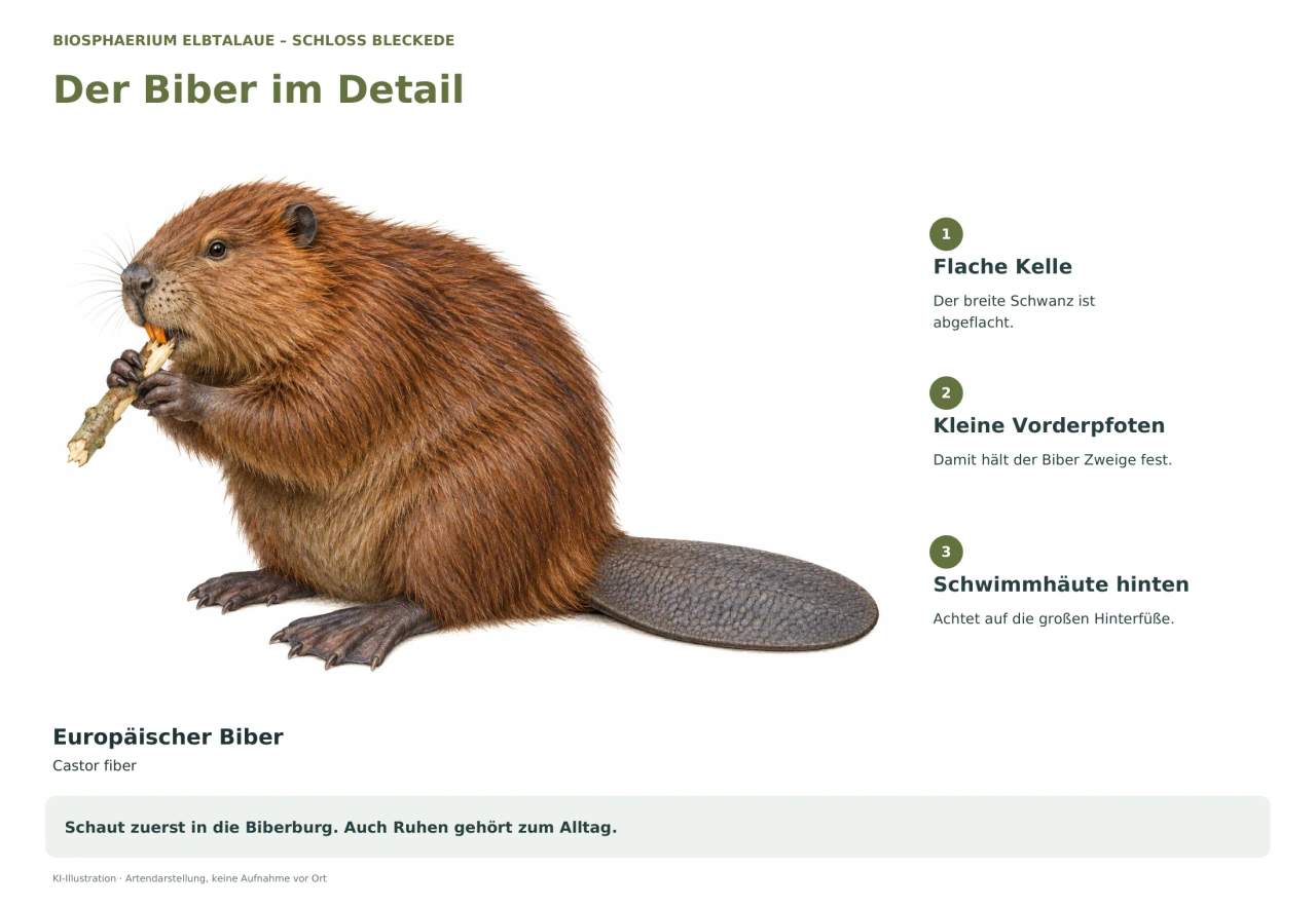 Eine naturkundliche Illustration zeigt einen braunen Europäischen Biber, der einen Zweig mit den Vorderpfoten hält. Sein breiter, flacher Schwanz und die großen Hinterfüße mit Schwimmhäuten sind sichtbar. Deutsche Hinweise erklären diese Merkmale und erinnern daran, dass Biber tagsüber oft ruhen.