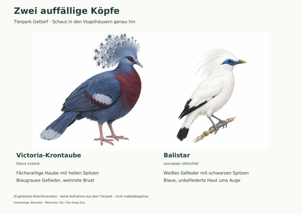 Blaugraue Victoria-Krontaube mit fächerartiger Haube neben einem weißen Balistar mit blauer Haut um das Auge.