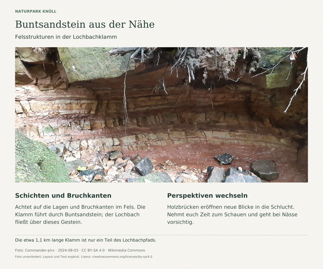 Rötliche Sandsteinlagen, Wurzeln und kantige Gesteinsstücke in der Lochbachklamm. Historische Ortsfotografie mit zwei erläuternden Textspalten.