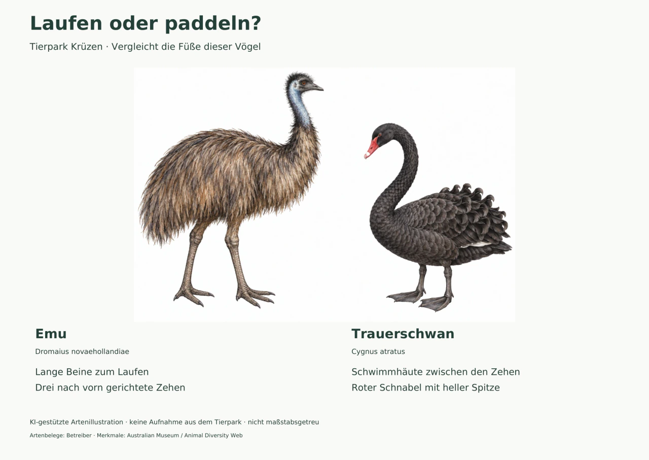 Emu mit langen Laufbeinen und drei vorderen Zehen neben einem Trauerschwan mit Schwimmfüßen und rotem Schnabel.
