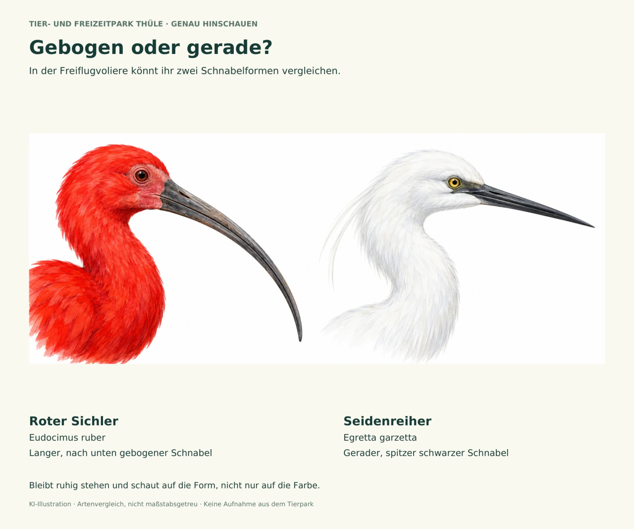 Zwei illustrierte Vogelköpfe im Profil: links ein Roter Sichler mit langem gebogenem dunklem Schnabel, rechts ein weißer Seidenreiher mit geradem schwarzem Schnabel.