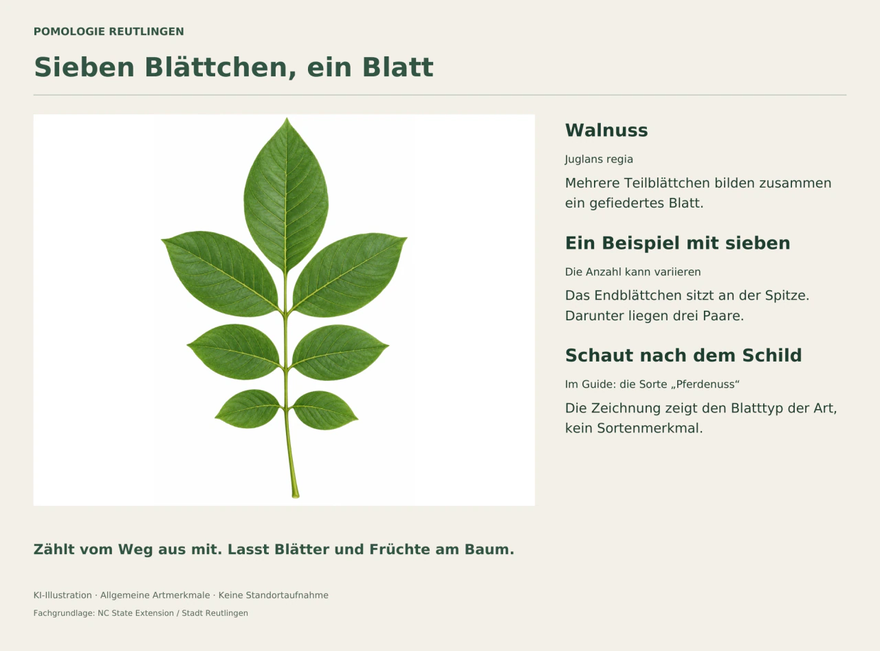 Ein gefiedertes Walnussblatt mit drei Paaren ovaler Teilblättchen und einem großen Endblättchen.