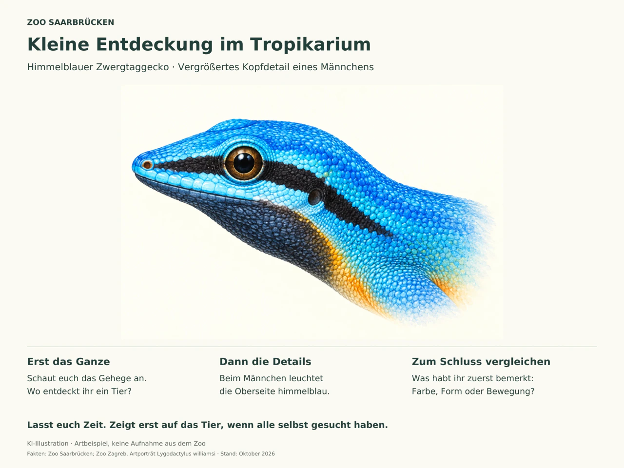 Vergrößertes Kopfdetail eines männlichen Himmelblauen Zwergtaggeckos mit blauen Schuppen, dunkler Kehle und schwarzem Streifen am Auge. Drei Aufgaben helfen beim ruhigen Suchen und Beobachten.