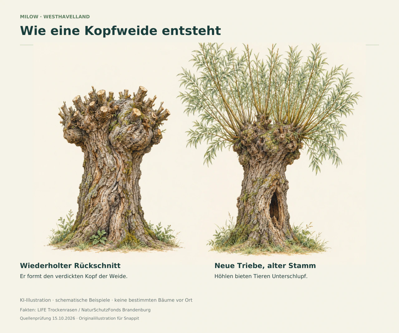 Naturkundliche Illustration zweier Kopfweiden: links zurückgeschnittene Äste, rechts neue schlanke Triebe und eine Stammhöhle.