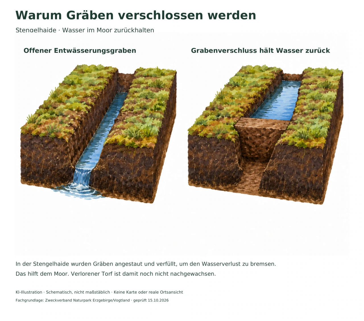 Zwei schematische Torfblöcke zeigen links einen offenen abfließenden Graben und rechts einen Erdverschluss mit zurückgehaltenem Wasser.