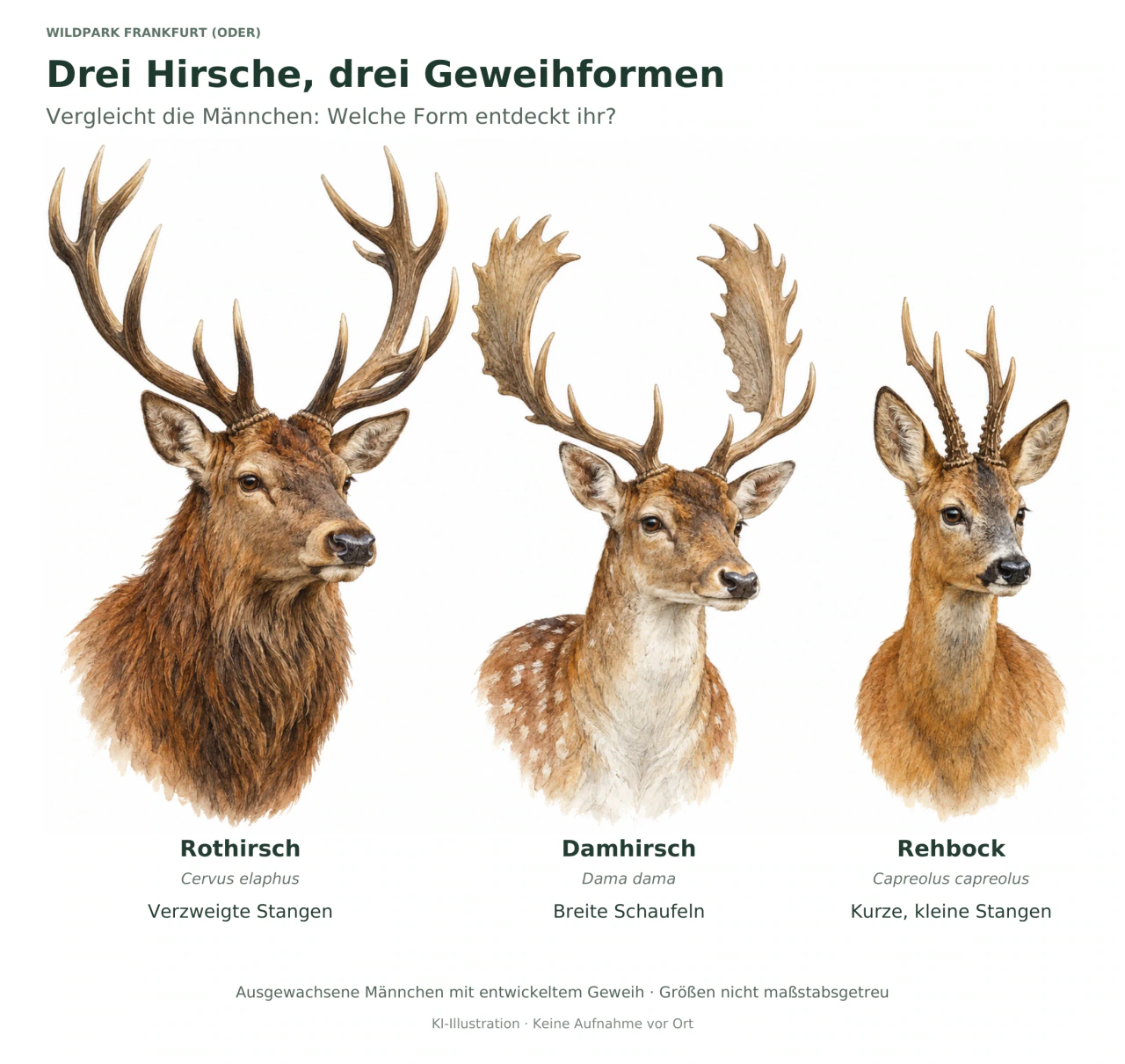 Drei gezeichnete männliche Hirschköpfe: links ein Rothirsch mit verzweigten Stangen, in der Mitte ein Damhirsch mit breiten Schaufeln und rechts ein Rehbock mit kurzen Geweihstangen. Nicht maßstabsgetreu.