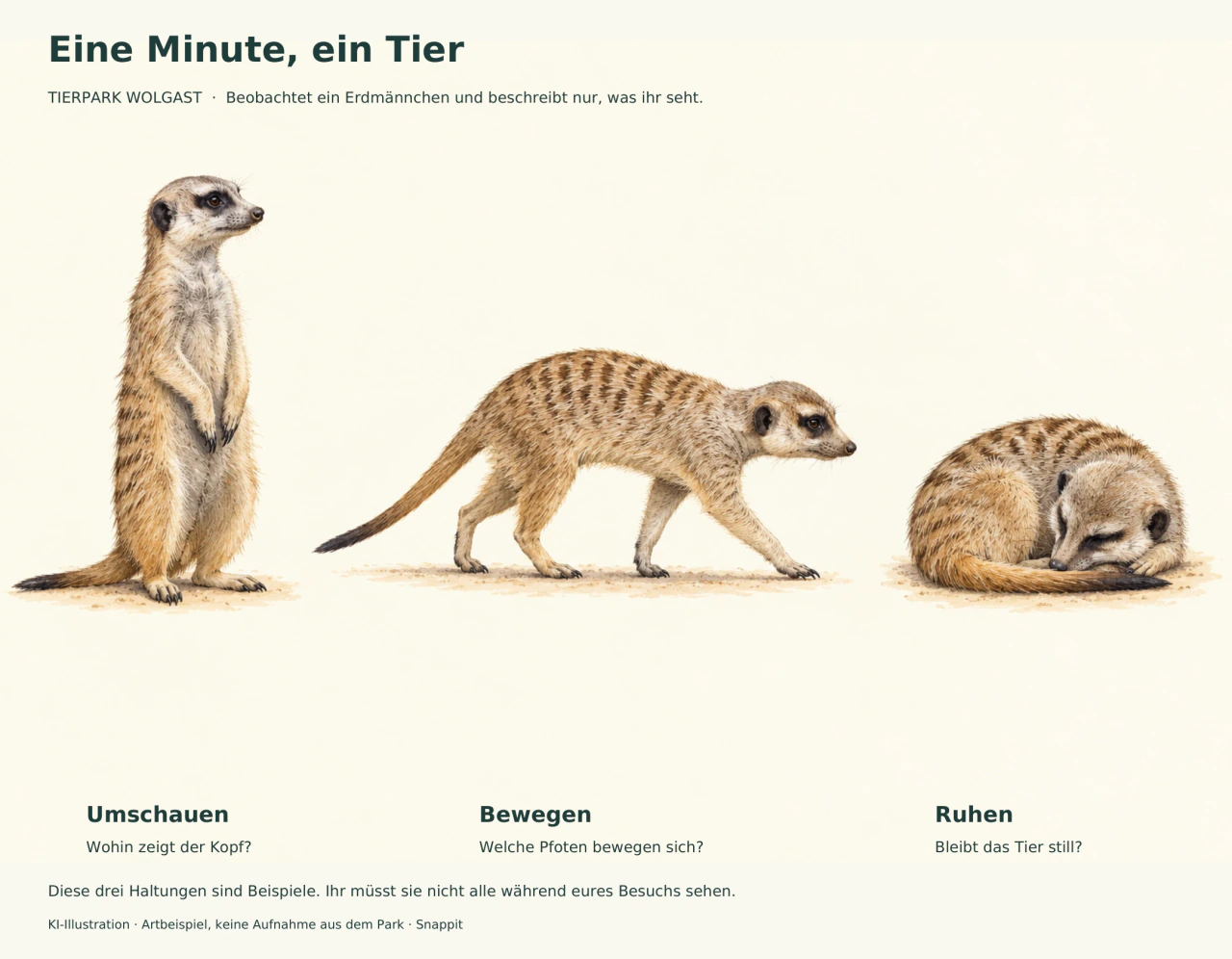 Drei Erdmännchen-Zeichnungen zeigen aufrechtes Umschauen, Laufen auf vier Pfoten und zusammengerolltes Ruhen.