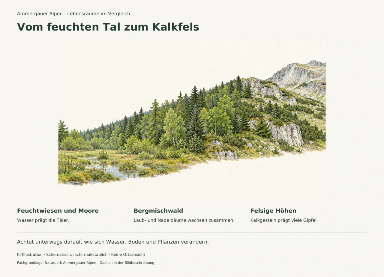 Schematische Landschaft mit nasser Wiese links, Laub- und Nadelwald am Hang und hellen Kalkfelsen rechts.