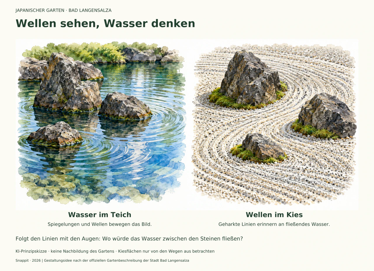 Zwei gezeichnete Nahansichten: links dunkle Steine in blaugrünem Teichwasser mit Spiegelungen und Wellen; rechts Steine in trockenem hellem Kies, dessen geharkte Rillen wie Wasser um die Steine fließen.