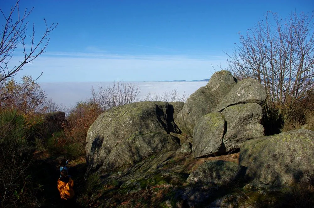 Rounded granite boulders among sparse autumn shrubs, with two small visitors at the lower left and a layer of low cloud in the distance.