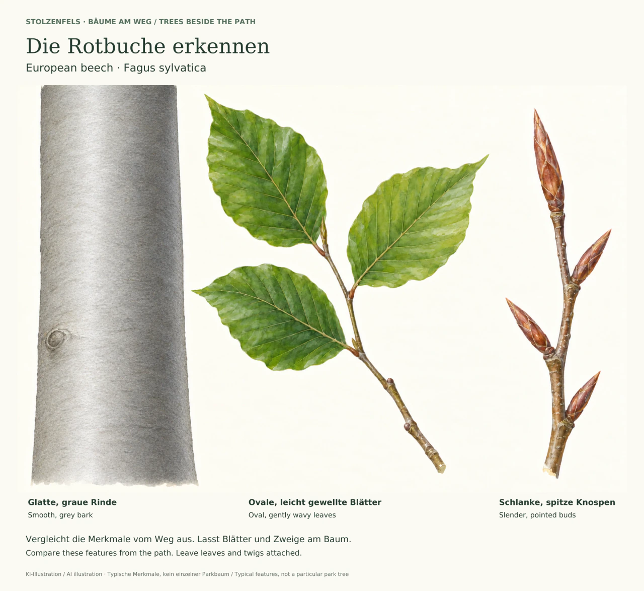 Botanische KI-Illustration auf hellem Grund: links ein glatter grauer Stamm, in der Mitte drei grüne ovale Blätter mit leicht gewellten Rändern, rechts ein Zweig mit langen spitzen braunen Knospen. Deutsche und englische Beschriftungen benennen die drei Merkmale.